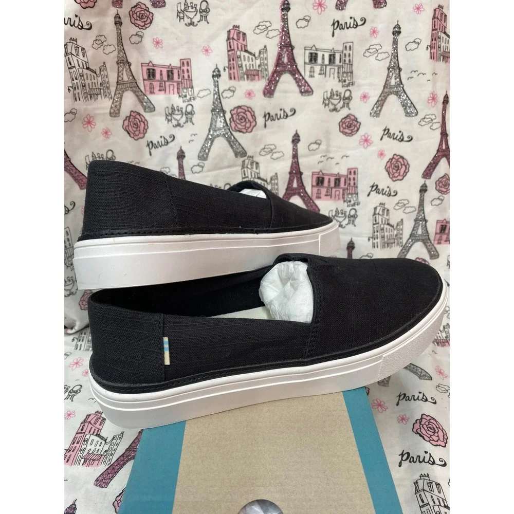TOMS Parker Black Textured Linen Platform Slip On Sneakers WMN 8 10016770